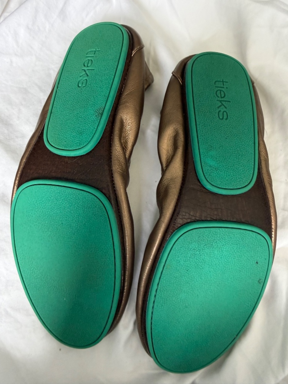 Tieks Bronze Leather Ballet Flats with Teal Tab - Picture 2 of 3